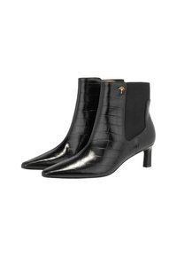 Schwarze Knöchelstiefel aus glänzendem, krokodilmustergeprägtem Leder, mit einer spitzen Zehenpartie, niedrigem Absatz und elastischen Seitenelementen. Mit goldenen Akzenten.