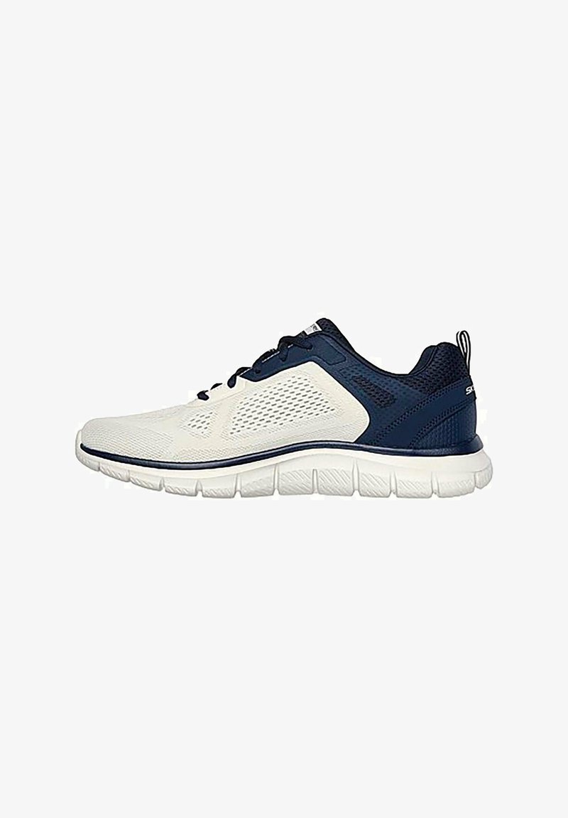 Zapatillas deportivas con parte superior de malla transpirable en blanco y azul marino, suela acolchada con surcos y talón texturizado para mayor agarre.