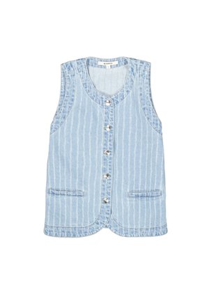 Lichtblauwe denimvest met verticale witte strepen, mouwloos ontwerp, knoopsluiting aan de voorkant en twee zijzakken.