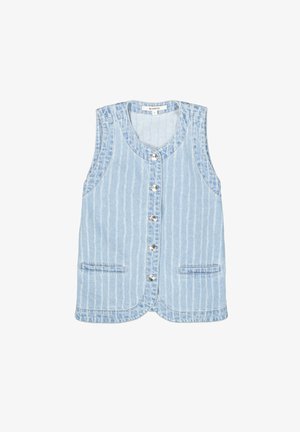 Lichtblauwe denimvest met verticale witte strepen, mouwloos ontwerp, knoopsluiting aan de voorkant en twee zijzakken.