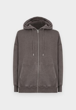 Gray zip-up hoodie made from a soft material, featuring a large hood, two front pockets, and ribbed cuffs and hem.