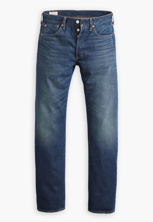 Blauwe denim jeans met een recht model, voorzien van een knoopsluiting, vijf zakken en subtiele vervaging. Contraststiksels en een klassieke pasvorm.