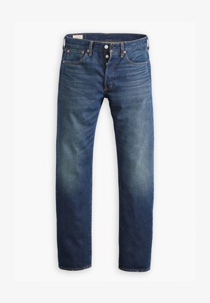Jeans de ganga azuis com um design de perna reta, apresentando uma fecho de botão, cinco bolsos e um desvanecimento subtil. Costura em contraste e um corte clássico.