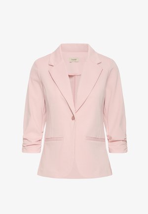 Svetlo roza ženski blazer z vrezanimi ovratniki, enim gumbom spredaj, nabrkanimi tretjinskimi rokavi in dvema sprednjima žepoma z zarezami.