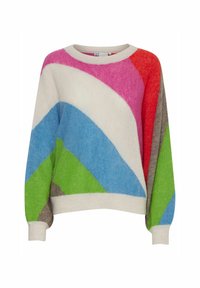 Pull multicolore avec un motif géométrique en rose, vert, bleu, rouge, crème et marron. Texture douce avec des poignets côtelés.