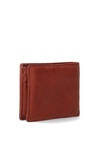 Brown leather wallet with a smooth texture, bi-fold design, compact rectangular shape, and visible stitching along the edges.