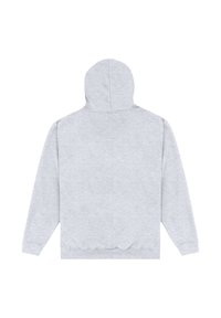 Felpa con cappuccio grigio chiaro vista da dietro, con maniche lunghe e polsini e orlo a coste, su uno sfondo bianco.