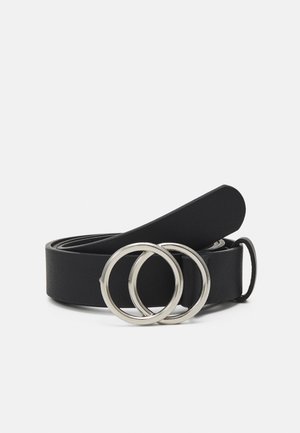 Black leather belt with a smooth texture and two circular silver metal rings as the buckle. Simple, flat design.