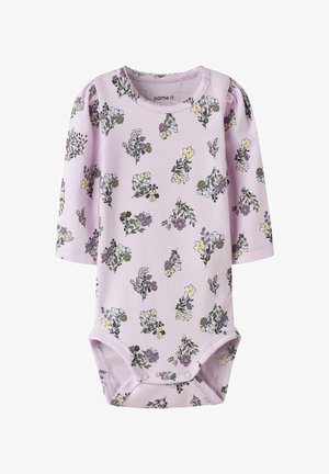 Lilac long-sleeve baby bodysuit with purple, yellow, and white floral print and snap closures at the bottom.