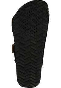 Soletta in gomma nera per sandali con una trama a zig-zag, dotata di fori di ventilazione e logo "GEOX" in rilievo lungo il lato.