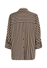 Striped blouse in beige and navy, featuring a button-down back, collar, and three-quarter sleeves. Made from a smooth, lightweight fabric.