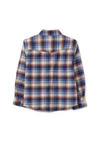 Ruitjesoverhemd in blauw, oranje en roomkleurige tinten. Katoenen stof met lange mouwen, een kraag en knoopmanchetten. De achterkant heeft een yoke-detail.