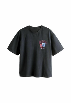 Black short-sleeve T-shirt with "HIGH ACES" text, red dice, and blue poker chips graphic on the left chest.