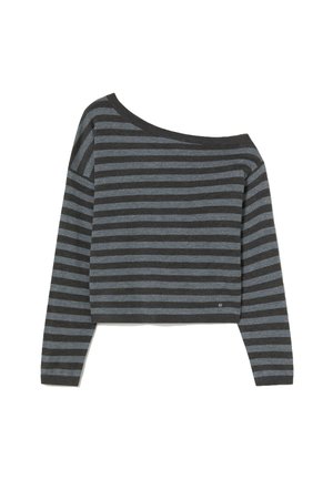 Suéter a rayas en gris oscuro y azul, diseño cropped, con mangas largas y textura de punto suave. Cuello ancho con hombros caídos.