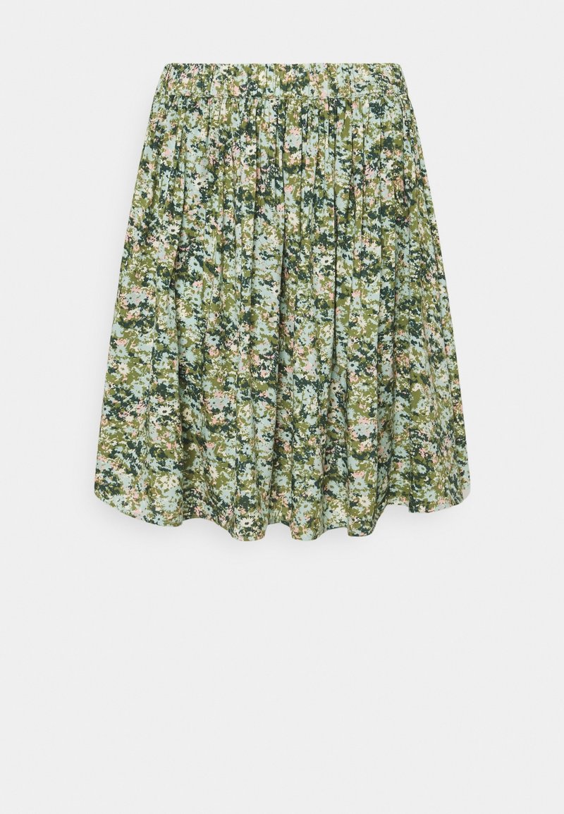 Leichtgewichtiger Rock mit floralen Motiven und einem gerafften elastischen Bund. Grüner Grundton mit rosa und weißen Blumen, in einer fließenden A-Linienform.