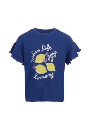 Blauw T-shirt met korte mouwen met ruches aan de mouwen, met drie gele citroenen en de tekst "when life gives you lemons" in wit en roze.