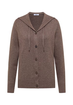 Ruskea neulecardigan, jossa on suuri kaulus, pitkät hihat ja etupainikkeet. Sisältää teksturoitua kangasta, jossa on ribbatut hihansuut ja helma.