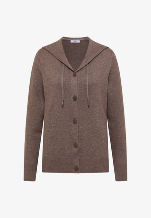 Hnědý pletený cardigan s velkým límcem, dlouhými rukávy a předními knoflíky. Obsahuje strukturovanou tkaninu s vroubkovanými manžetami a lemem.