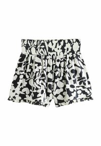 Sorte og hvide shorts med blomstermønster, der har en smocket talje og bølgekant, lavet af let og fleksibelt stof.