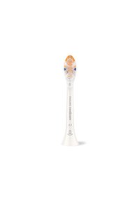Tête de brosse à dents Sonicare A3 avec une poignée blanche, design contouré et tête à poils orange ; présente des accents bleus et des détails de marque.