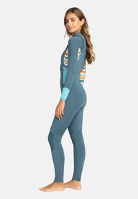 Full-body wetsuit in teal with colorful stripe accents. Features a high neck, long sleeves, and seamless sections for comfort and flexibility.