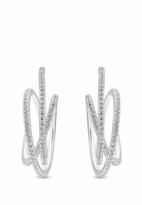 Orecchini a cerchio in argento con design intrecciato e fluido. Accentuati da piccoli, chiari pietre preziose lungo un bordo per un tocco di lucentezza.