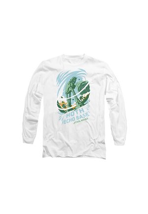 Weißes Langarm-T-Shirt mit einem Grafikdesign von einem Walker und Echo Base, mit blauen und grünen Akzenten, Text lautet "Hoth Echo Base, Star Wars."