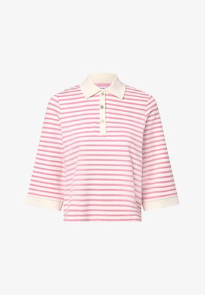Gestreiftes Polo-Shirt in Rosa und Weiß. Verfügt über einen Kragen und eine Knopfleiste mit drei Knöpfen. Hergestellt aus weichem Stoff mit einem lockeren Schnitt.