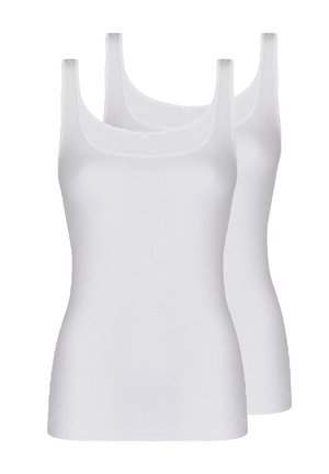 Two plain white sleeveless tank tops with scoop necks, shown overlapping against a white background.