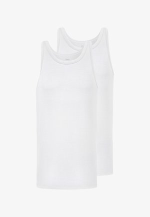 To ensfarvede hvide ærmeløse tanktops stablet, der viser fronten med rund halsudskæring og enkelt design.