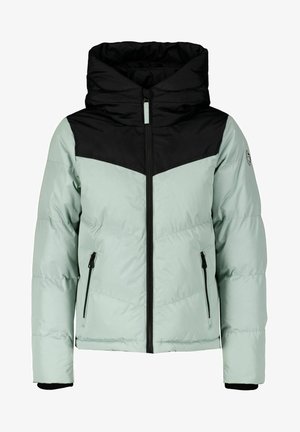 Gepolsterte Jacke in hellem Mintgrün und Schwarz, mit hohem Kragen, Frontreißverschluss und zwei seitlichen Reißverschlusstaschen. Strukturierte Einsätze sorgen für Details.