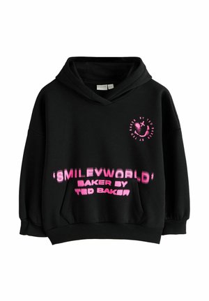 Black hoodie featuring a kangaroo pocket, wide sleeves, and pink graphic text reading “SMILEYWORLD” and “BAKER BY TED BAKER.”