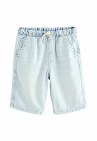 Shorts en denim bleu clair avec une taille élastique, un cordon de serrage et deux poches latérales. Présente une texture lisse et un design décontracté.