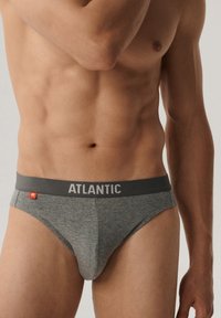 Szare bawełniane majtki slipy z szarym elastycznym paskiem w talii, na którym znajduje się napis "ATLANTIC" w białym kolorze oraz mała czerwona metka z boku.