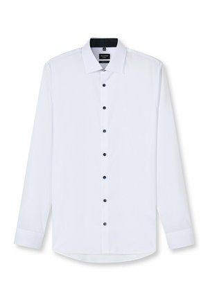 Witte blouse met lange mouwen, voorzien van een klassieke kraag, zes zwarte knopen en een gebogen zoom. Glad materiaal met een subtiele glans.