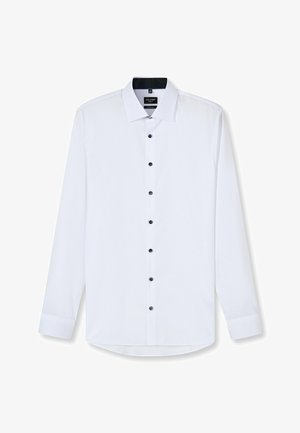 Weißes Langarmhemd mit klassischem Kragen, sechs schwarzen Knöpfen und abgerundetem Saum. Glattes Material mit einem dezenten Glanz.