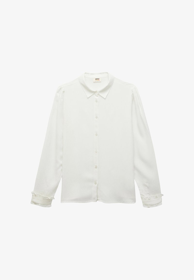 Weißes Langarmhemd mit Kragen, vorderen Knöpfen und Rüschensaum an den Ärmeln. Hergestellt aus glattem Stoff mit taillierter Passform.