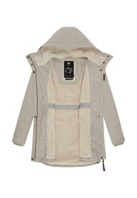 Beige outerwear jacket with a hood, featuring a soft beige fleece lining, snap buttons, and a label on the inner side.