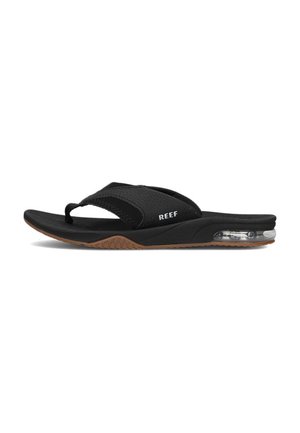 Zwarte flip-flops met een gestructureerde stoffen band, voorzien van een heldere luchtkussen in de hak en een bruine rubberen zool met een zigzagpatroon.