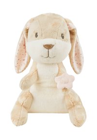 Soft beige plush rabbit with patterned ears, holding a pink flower. Round face, stitched features, and a smooth, cuddly texture.