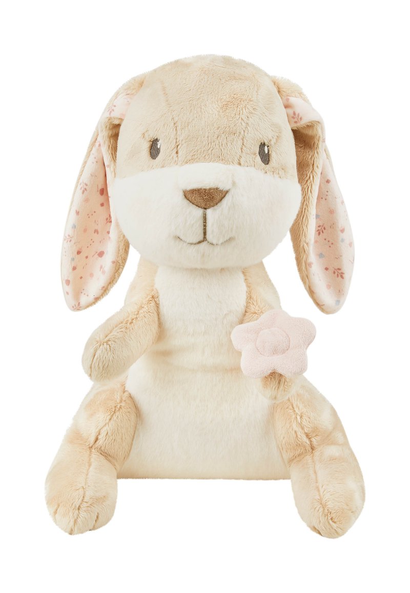Soft beige plush rabbit with patterned ears, holding a pink flower. Round face, stitched features, and a smooth, cuddly texture.
