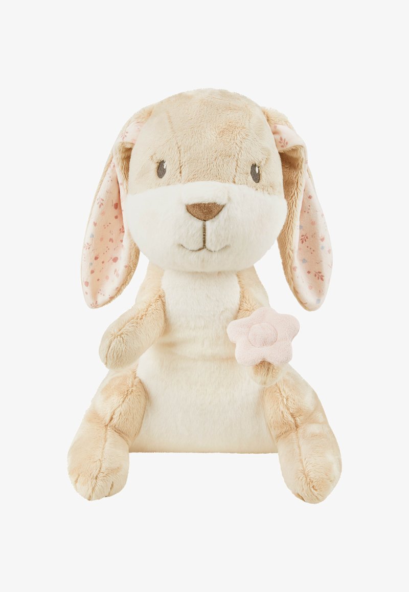 Soft beige plush rabbit with patterned ears, holding a pink flower. Round face, stitched features, and a smooth, cuddly texture.