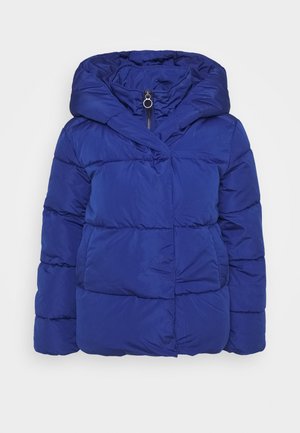 Giacca invernale imbottita blu con cappuccio, chiusura con zip e dettagli di cuciture orizzontali su maniche e corpo.