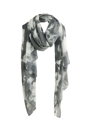 Zijden sjaal in grijs en wit met bloemmotieven. Lichtgewicht, vloeiend ontwerp met een gerimpelde textuur en zachte randen.