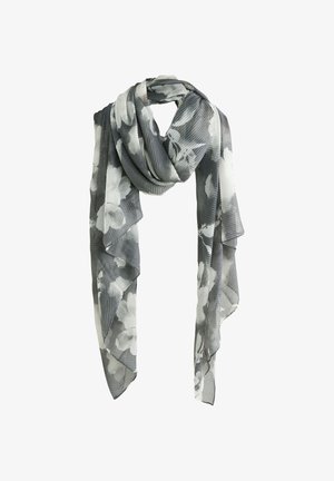 Zijden sjaal in grijs en wit met bloemmotieven. Lichtgewicht, vloeiend ontwerp met een gerimpelde textuur en zachte randen.