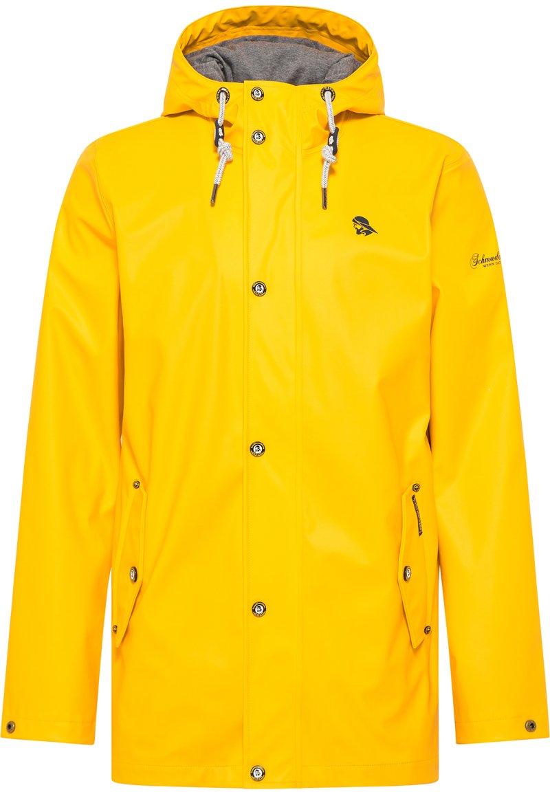 Gelbe wasserdichte Regenjacke mit grauem Kapuzenfutter, vorderen Knöpfen und Seitentaschen; verfügt über ein Logo auf der Brust und eine Kordelzugkapuze.