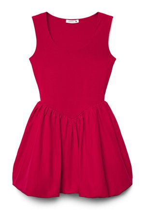 Abito rosso senza maniche con corpetto aderente e gonna arricciata e voluminosa, etichettato taglia piccola da Terranova.