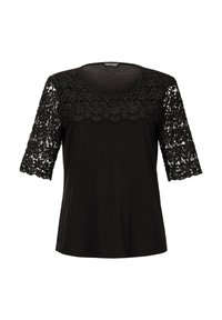 Zwart T-shirt met korte mouwen; kantdetail bij de mouwen; ronde halslijn; zachte stof; subtiel textuur op het lichaam.