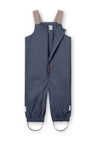 Marineblauwe waterdichte overall met beige verstelbare banden, rits aan de voorkant, elastische manchetten en vaste voetbanden voor een veilige pasvorm.
