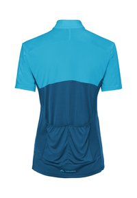 Maillot de cyclisme à manches courtes en bleu clair et bleu foncé avec des poches arrière et un col montant, vu de dos.